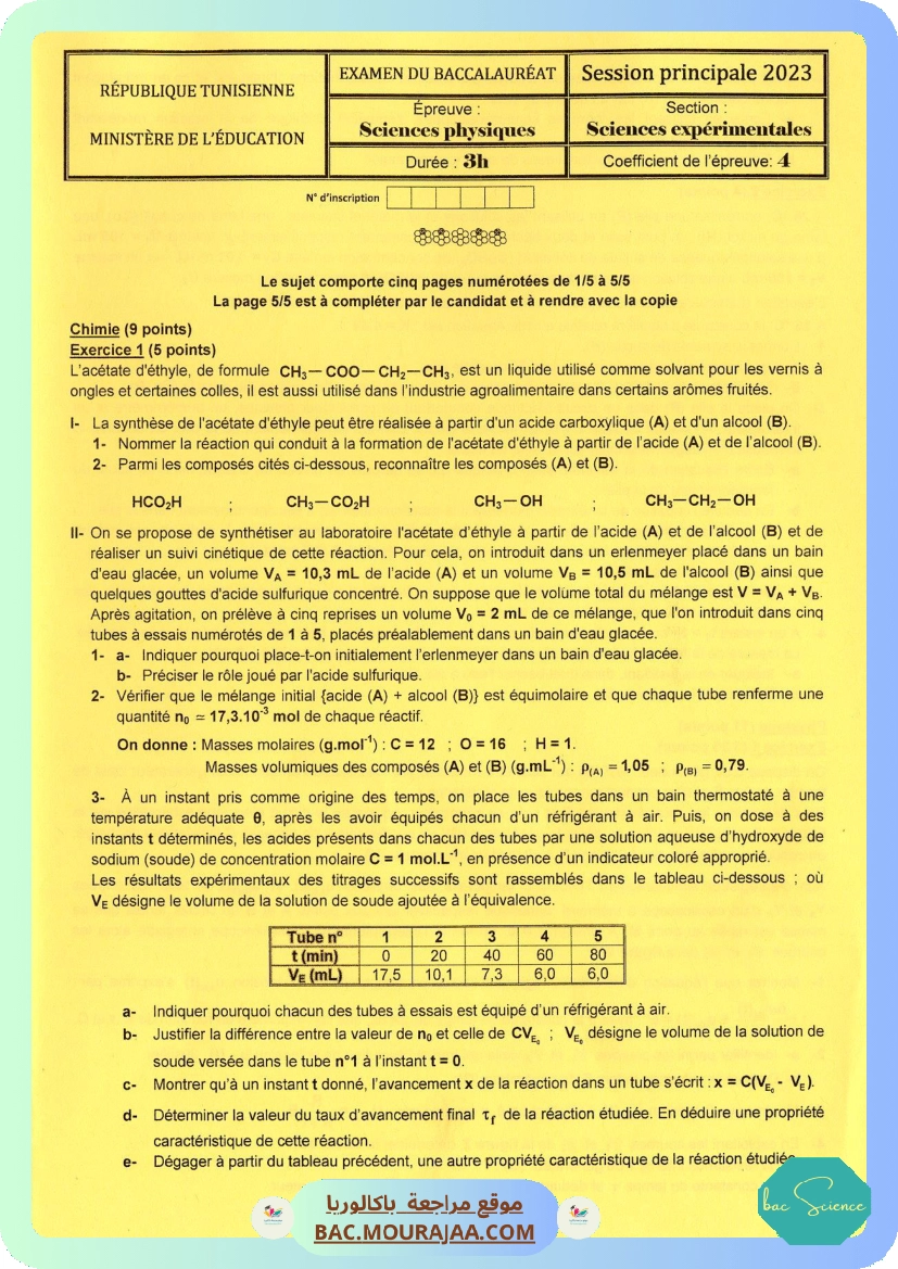 Sujet principale physique Bac 2023 – Section science